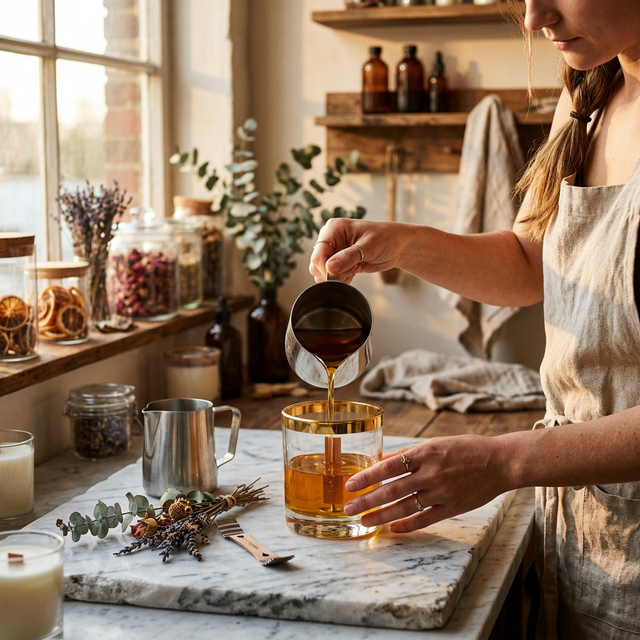 Artisan hand-pouring a Raha Moments candle